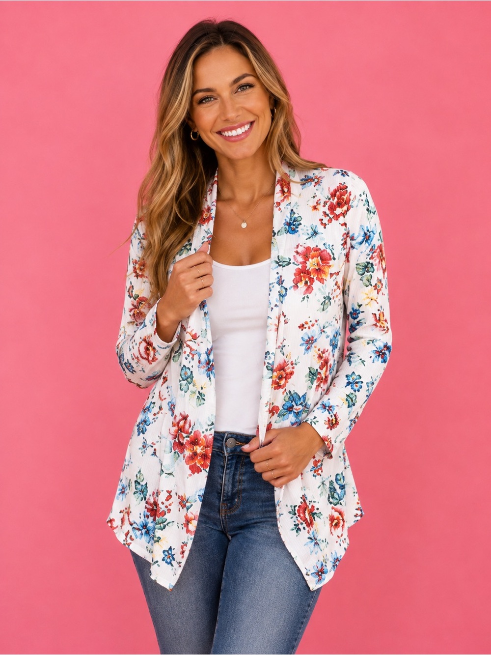 Floral Open-Front Lightweight Cardigan - White Base with Red & Blue Flowers
